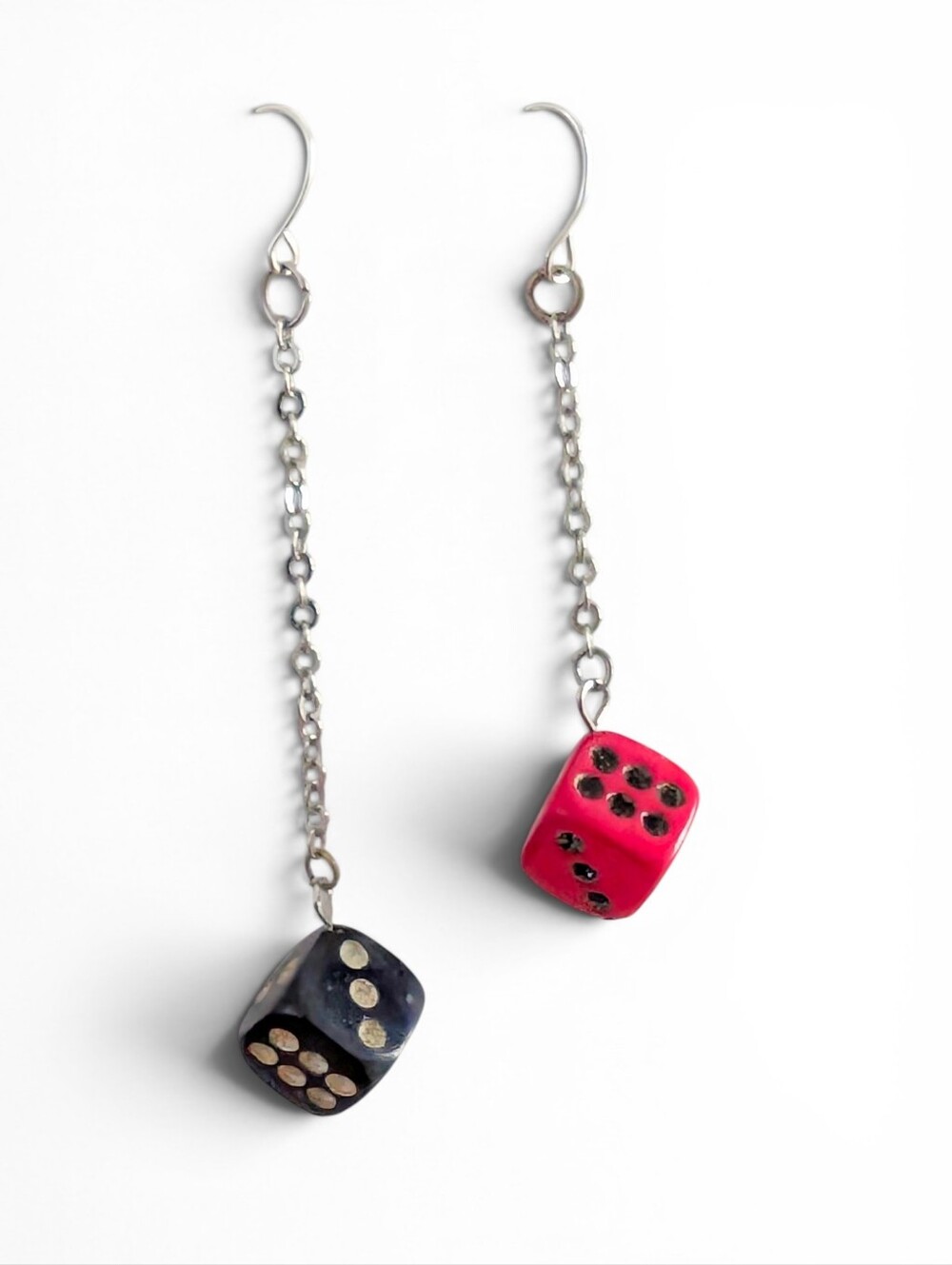VINTAGE Dice Chain Dangling Earrings Silver Red Black 2.5" Asymmetric